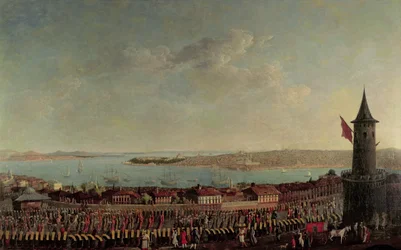 View of Constantinople with a Procession of Janissaries Passing the Galata Tower